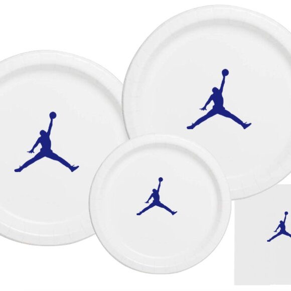 Jumpman Plates | White & Blue Basketball Party Paper Plates | 60 Disposable - Picture 1 of 5